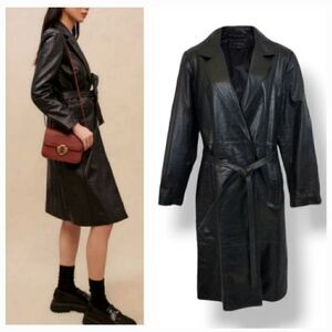 NEW Vintage 90's Express 100% Genuine Leather Belted Trench Coat Size Medium